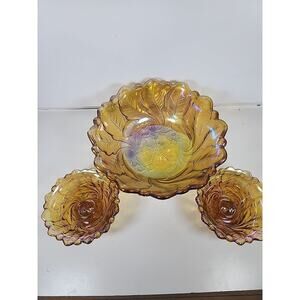 Indiana Carnival Glass Harvest Gold 9" Candy Bowl 2 Candlesticks Console Set